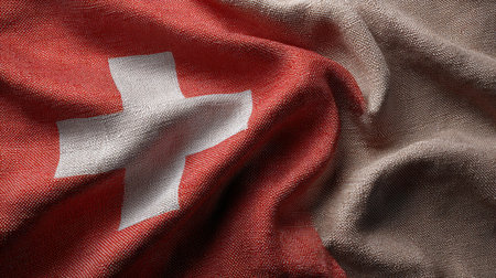 This image captures a beautifully textured Swiss flag gracefully waving in the wind, showcasing the national colors and symbol of Switzerland.の素材