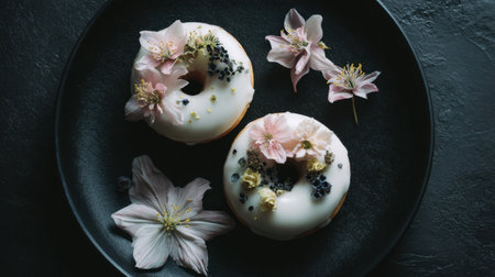 An artistic presentation of two delicious donuts beautifully decorated with flowers. The black plate adds contrast, elevating the dessert's appeal.の素材