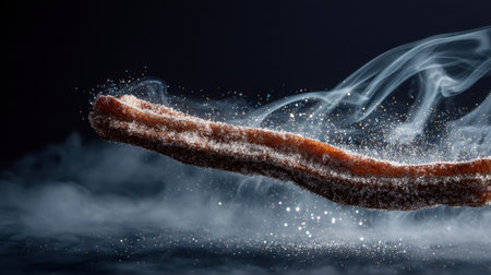 A mesmerizing image of a floating sugary snack enveloped in ethereal smoke, highlighting texture and sweetness in a captivating dark setting.の素材