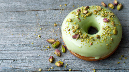 A beautifully styled green glazed donut topped with chopped pistachios, resting on a rustic wooden table, perfect for food lovers.の素材