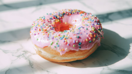 A close-up view of a vibrant pink frosted donut covered in colorful sprinkles, placed on a marble surface, capturing the essence of a sweet treat.の素材