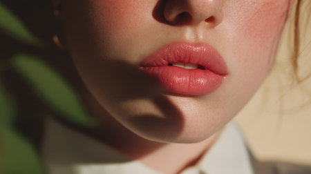 A captivating close-up image showcasing beautiful glossy lips in a soft pink shade, accentuated by gentle natural light and shadow play.の素材
