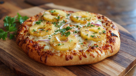 This image showcases a freshly baked pizza featuring sweet pineapple, melted cheese, and aromatic herbs, beautifully presented on a wooden board.の素材