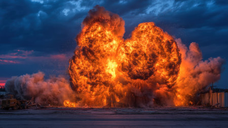 Captivating image of a bright explosion with fiery flames and dark smoke billowing into the sky, set against a stunning sunset backdrop, showcasing raw power.の素材