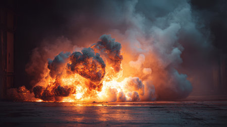 This captivating image showcases a dramatic explosion filled with vibrant flames and thick smoke, creating a visually striking scene of intense energy and danger.の素材