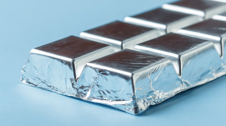A close-up view of metallic silver chocolate bar pieces beautifully wrapped in shiny foil, set against a soft light blue background, perfect for foodie themes.の素材