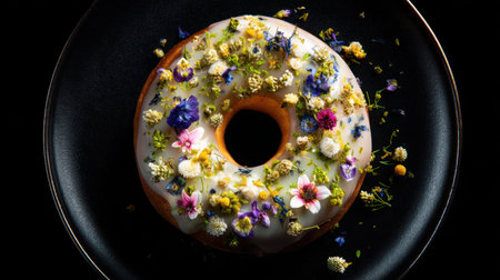 A stunning donut topped with a variety of edible flowers sits elegantly on a black plate, creating a vibrant and artistic dessert presentation.の素材