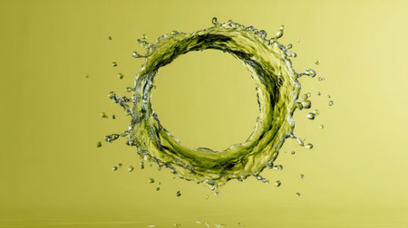 This captivating image features a vibrant green water splash forming a perfect circular shape against a soft yellow backdrop, encapsulating dynamic fluid motion.の素材