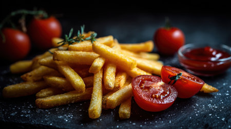 Indulge in a delicious serving of crispy golden French fries complemented by fresh cherry tomatoes and rich ketchup, perfect for any occasion.の素材