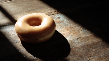An inviting single glazed donut rests on a rustic wooden surface, elegantly highlighted by soft natural light and contrasting shadows. Perfect for culinary displays.の素材