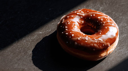 A delectable glazed donut with smooth chocolate icing and white sprinkles rests on a dark surface, beautifully illuminated by natural light.の素材