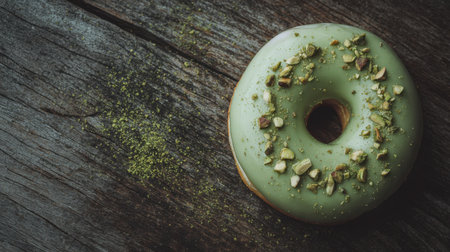 This image showcases a delectable green donut, elegantly topped with crushed pistachios, resting on a rustic wooden surface, perfect for food lovers.の素材