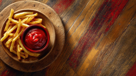 Indulge in a delightful serving of crispy French fries accompanied by rich red ketchup, all presented in a rustic setting. Enjoy the comforting flavors!の素材