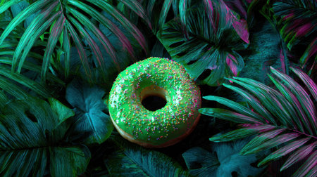 A vibrant green donut with colorful sprinkles placed against a backdrop of lush tropical leaves. Perfect for fun, festive themes and creative projects.の素材