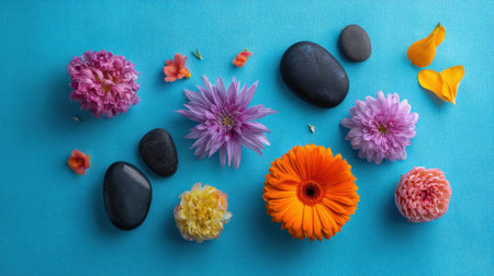 A captivating arrangement featuring colorful flowers and smooth stones on a bright blue surface, perfect for relaxation and wellness themes.の素材