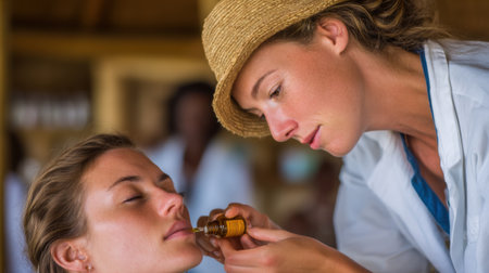 A beauty therapist applies essential oil to a young woman's face during a skincare treatment in a serene spa. The natural lighting enhances the relaxing atmosphere, promoting wellness and rejuvenation.の素材