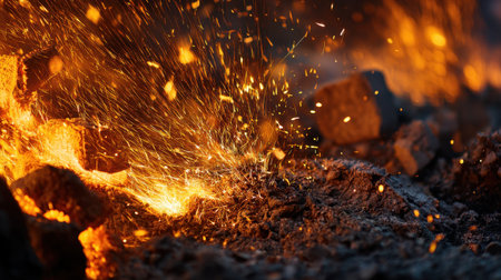 This captivating image showcases a close-up view of sparks and glowing embers emanating from fire, set against a dark backdrop. The texture of burning rocks and ashes adds depth to this dynamic scene, perfect for illustrating themes of heat and energy.の素材