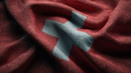 This image showcases a close-up view of the Swiss flag fabric, highlighting its rich texture and vibrant colors, symbolizing national pride.の素材