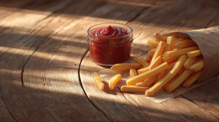 A delightful serving of crispy French fries paired with rich red ketchup, beautifully arranged on a rustic wooden table highlighting comfort food charm.の素材