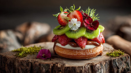 This visually stunning dessert features a soft pastry base topped with layers of fresh strawberries, kiwi, and colorful edible flowers, perfect for food lovers.の素材
