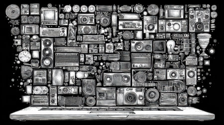 This detailed illustration showcases a collage of vintage electronics and audio devices, representing the evolution of technology and communication in a visually striking manner.の素材