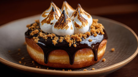 This enticing chocolate donut features a glossy glaze, fluffy toasted meringue topping, and crunchy cookie crumbs, perfect for indulging.の素材