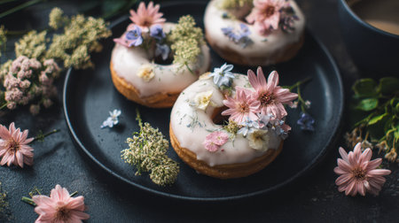 Indulge in a delightful display of donuts adorned with fresh flowers, creating a stunning dessert arrangement perfect for celebrations or cozy brunches.の素材