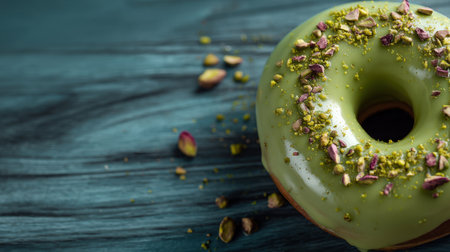 A scrumptious green donut adorned with crushed pistachios on a rustic wooden surface. Perfect for dessert enthusiasts seeking vibrant flavors and appealing presentations.の素材