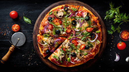 A beautifully arranged pizza topped with fresh ingredients like tomatoes, olives, and herbs sits on a wooden board, perfect for any gathering.の素材