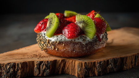A beautifully styled donut adorned with fresh strawberries and kiwi, resting on a rustic wooden board. Perfect for dessert lovers.の素材