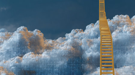 An abstract representation of a staircase leading into fluffy clouds while surrounded by binary code, symbolizing technological ascent and innovation.の素材