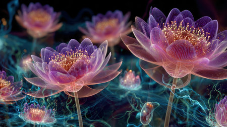 This captivating image presents vibrant lotus flowers blooming in an ethereal setting, radiating tranquility and beauty with a softly glowing background.の素材