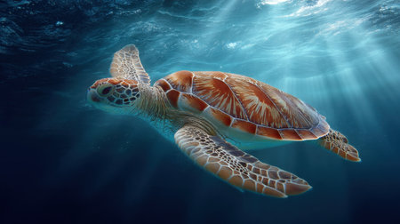A stunning sea turtle glides gracefully through the vibrant underwater world, illuminated by soft sunlight filtering from the surface.の素材