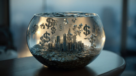 This stunning image depicts a surreal glass bowl containing a miniature cityscape, surrounded by coins and floating dollar symbols, representing wealth and prosperity in a creative and imaginative way.の素材