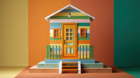 A vividly colored model house featuring a bright door and steps, set against a geometric backdrop in vibrant tones. Ideal for design inspiration.の素材