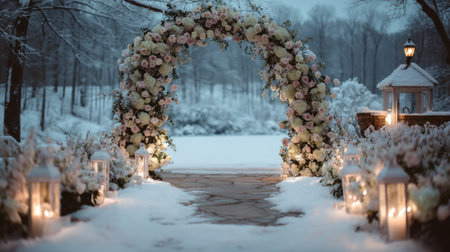A stunning winter wedding arch decorated with colorful flowers, surrounded by soft snow and lit lanterns, creates a magical outdoor venue.の素材