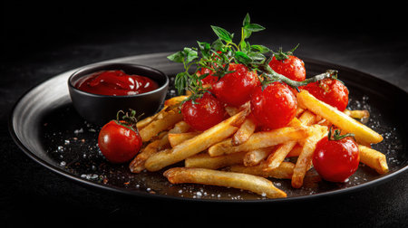 A visually appealing arrangement of crispy golden french fries topped with ripe cherry tomatoes and served with a small bowl of ketchup, perfect for food lovers.の素材