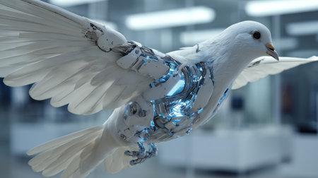 A stunning robotic dove soars through a contemporary environment, showcasing the fusion of nature and technology with intricate mechanical details and illuminated elements.の素材