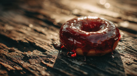 A delectable, freshly glazed donut topped with raspberry icing rests on a weathered wooden surface, capturing the essence of morning indulgence.の素材