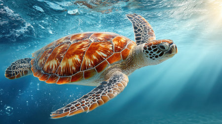 A striking sea turtle glides effortlessly through clear ocean waters, illuminated by rays of sunlight. This image captures the beauty and serenity of marine life, highlighting the turtle's intricate shell patterns and graceful movements in its natural habitat.の素材