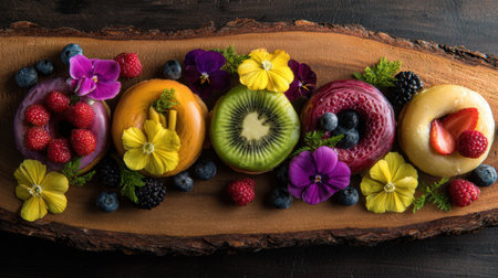 A visually stunning arrangement of colorful donuts topped with fresh fruits and decorative edible flowers on a rustic wooden surface, creating an inviting and appetizing scene ideal for culinary displays.の素材