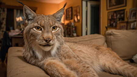 A stunning lynx lounges comfortably on a couch, displaying its majestic features in a warm and inviting living space. The cozy atmosphere and soft textures create a unique blend of domestic and wild charm.の素材