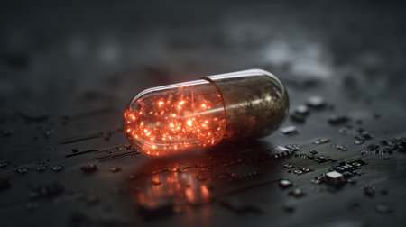 A captivating glowing capsule lies on a detailed circuit board, symbolizing the intersection of technology and medicine. The sparkling elements evoke innovation and creativity.の素材