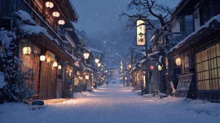 Experience a tranquil snowy street scene featuring traditional lanterns and charming shops illuminated by a soft glow at night.の素材