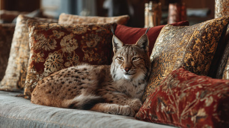 A magnificent lynx lies comfortably on beautifully designed cushions in a luxurious living room, showcasing elegance and warmth in the setting.の素材