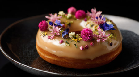 A stunning close-up of a donut adorned with colorful edible flowers, capturing the essence of gourmet desserts and artistry in food.の素材