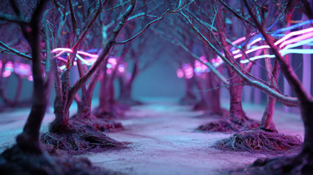 A mesmerizing forest pathway illuminated by vibrant neon lights, creating an enchanting atmosphere perfect for artistic projects and dreamy landscapes.の素材