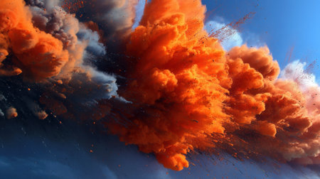 An intense and visually captivating scene featuring a large explosion with vibrant orange and blue smoke against a clear sky, showcasing raw energy and beauty.の素材