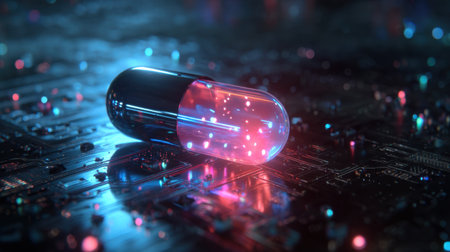 A mesmerizing composition featuring a glowing capsule resting on a digital circuit background, illuminated by vibrant neon lights, showcasing a blend of technology and abstract art.の素材