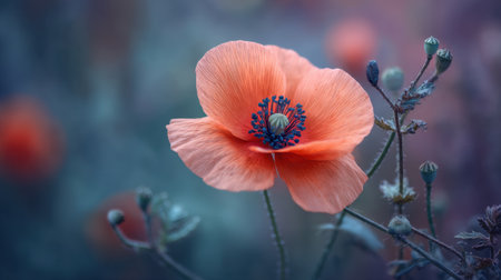 A stunning close-up of an orange poppy flower showcases its delicate petals and vibrant colors, set against a soft, blurred background.の素材